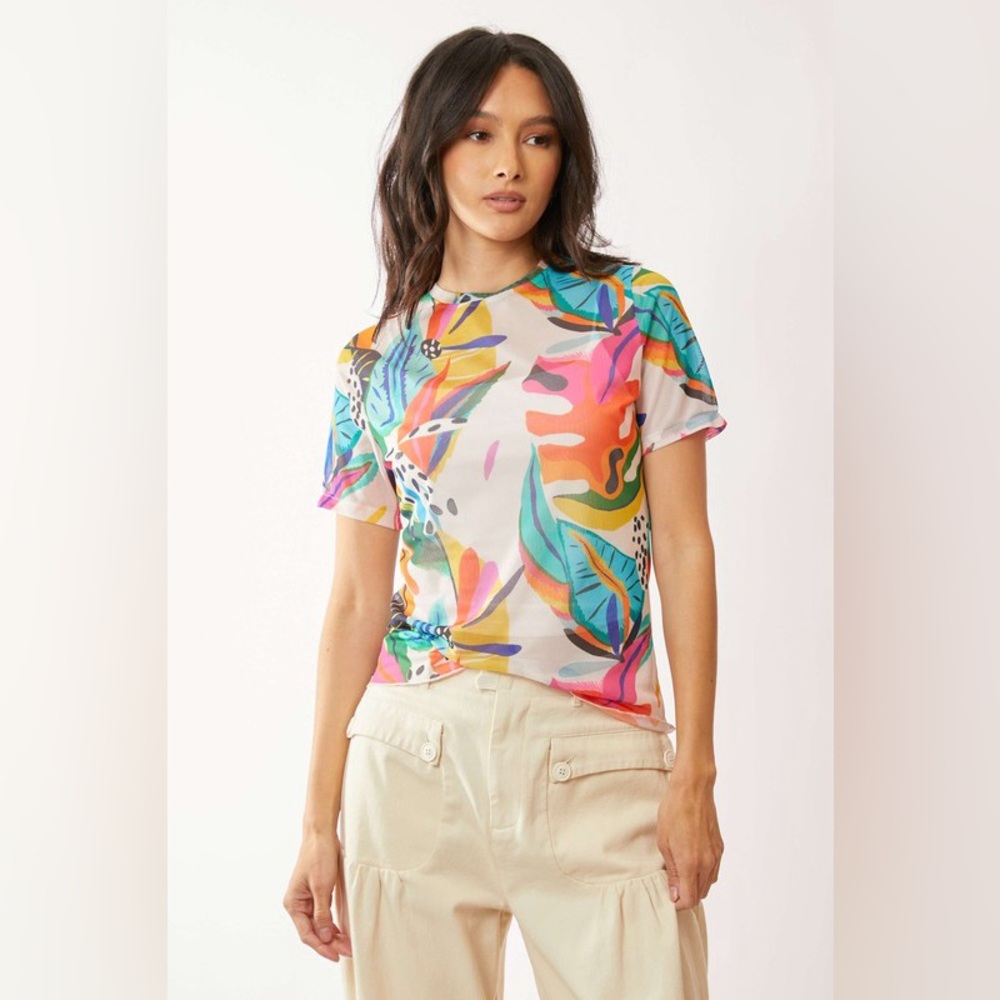 🟠 361B. Tropical Colorful Print Mesh Top